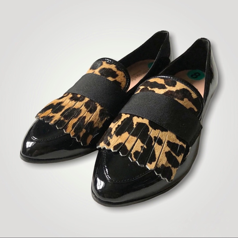 Kate Spade Cow Print Fringe Patent Leather Pointed Toes Loafers Shoes 8